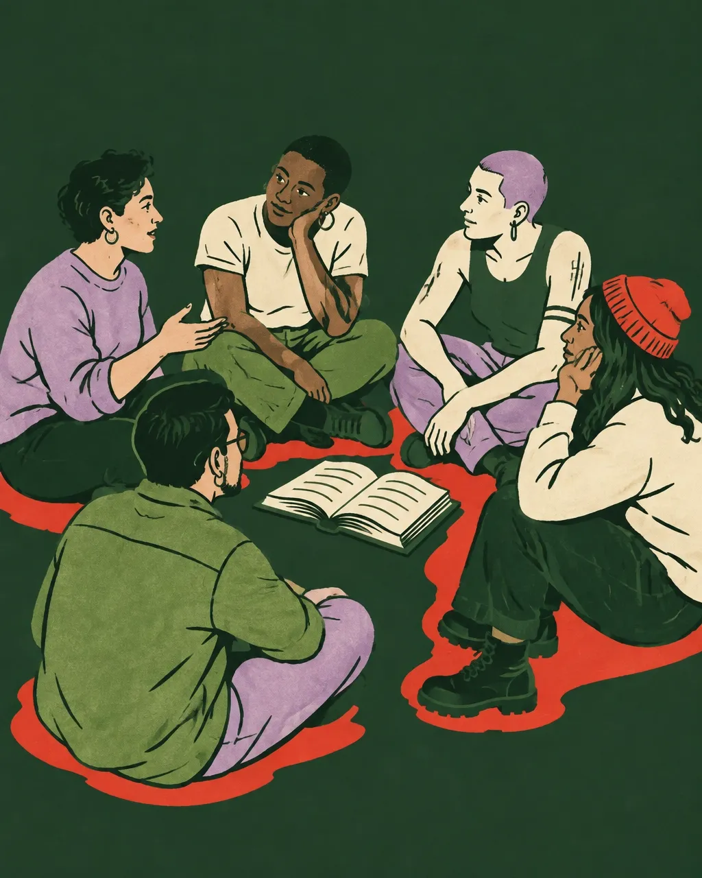 Five people gathered in conversation around an open book